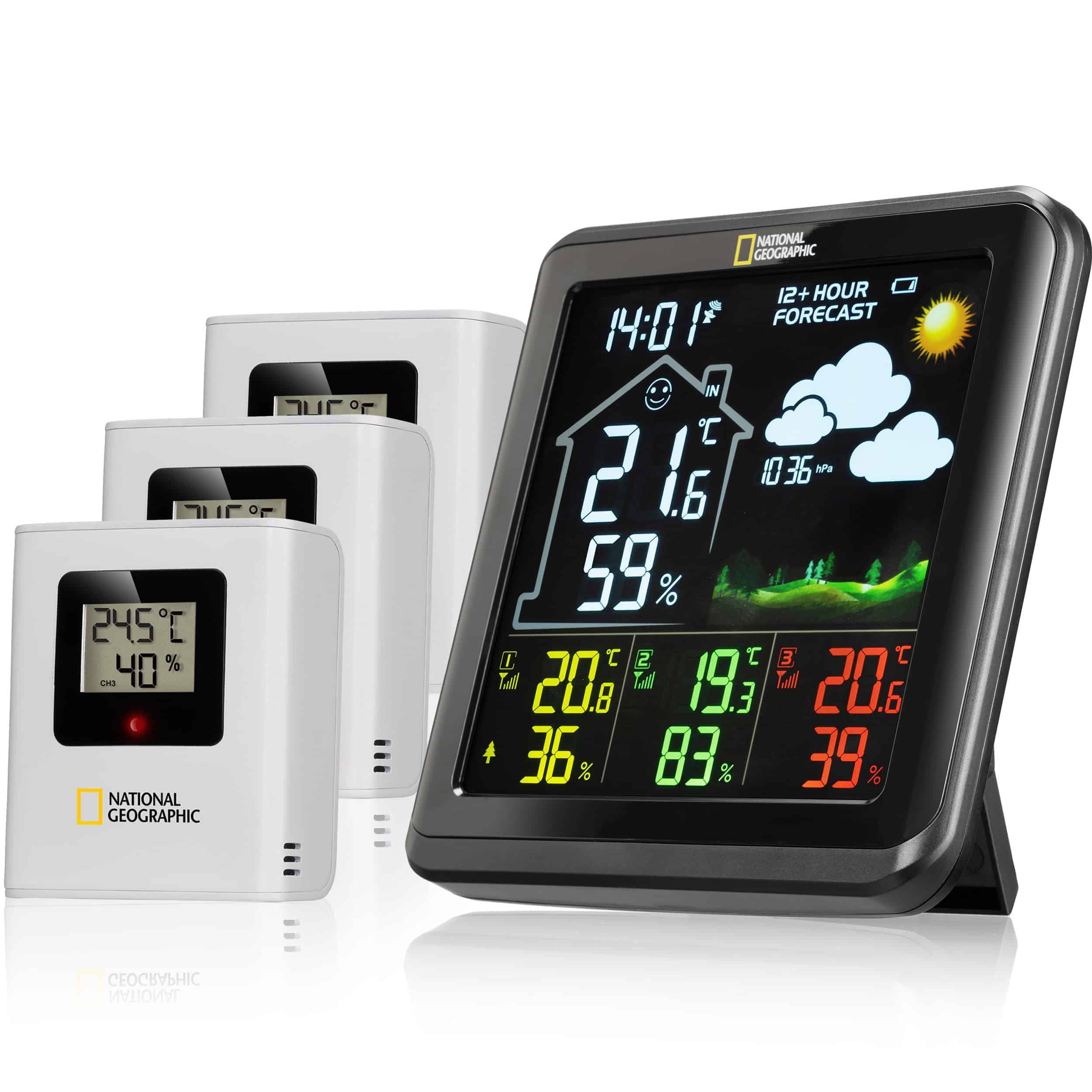 Station météo écran LCD couleur et 3 capteurs National Geographic