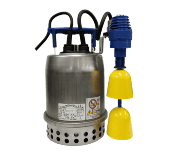 Pompe vide-cave submersible en inox avec flotteur jaune pour évacuation automatique des eaux claires
