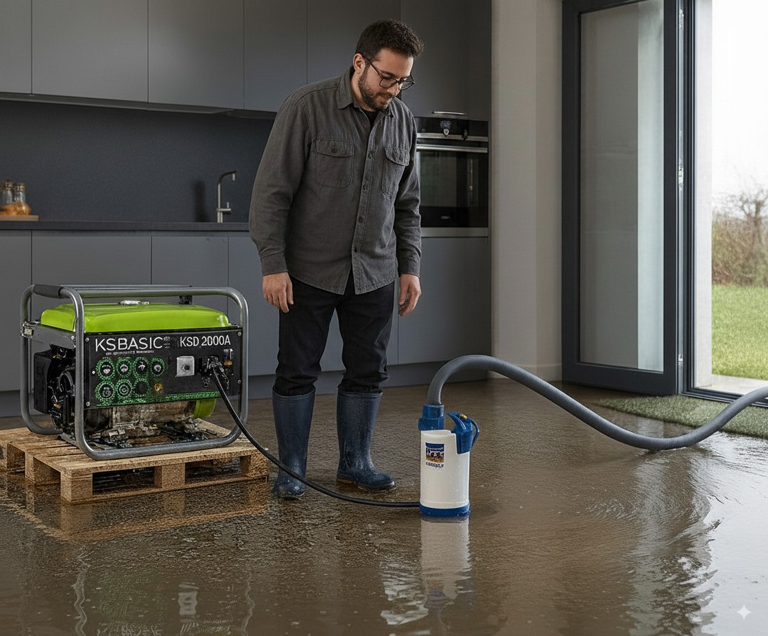 Pack anti-inondation avec générateur KSB 2000A et pompe serpillère Pedrollo en action dans une cuisine inondée