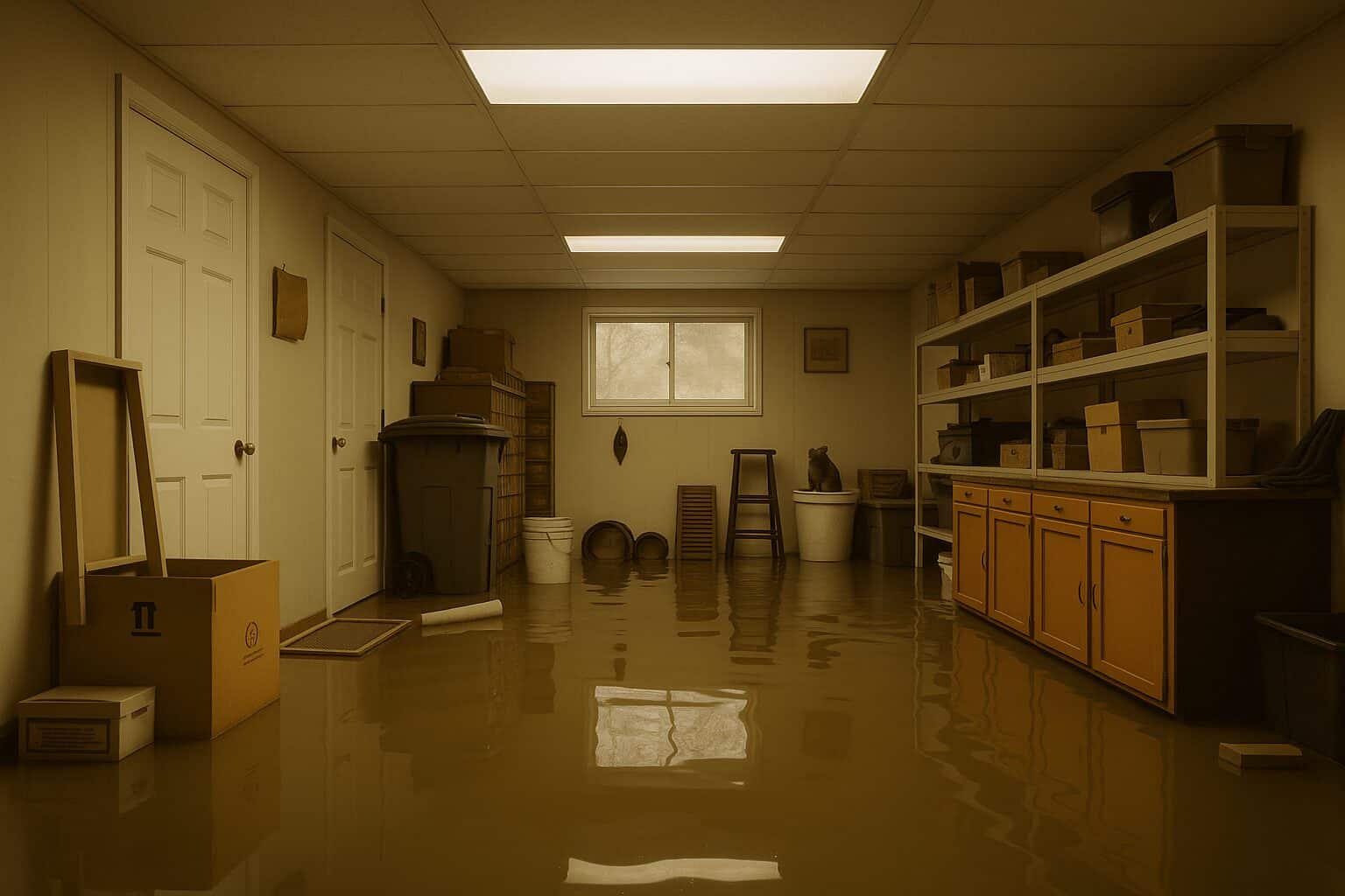 Photo d’une cave inondée avec eau stagnante, meubles et cartons mouillés