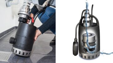 Pompe de relevage submersible en fonctionnement avec flotteur de niveau et turbine interne pour l’évacuation des eaux usées ou pluviales.