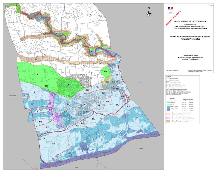 Carte du zonage réglementaire des risques d'inondation à Baho, montrant les différentes zones d’exposition (rouge, bleue, blanche) selon le Plan de Prévention des Risques Inondation (PPRI).