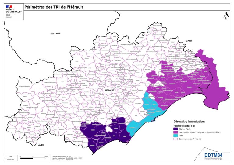 Carte des zones inondables et périmètres TRI dans l'Hérault : Béziers, Agde, Sète, Montpellier, Lunel, Mauguio, Palavas-les-Flots