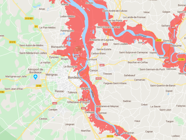 Carte des zones inondables à Bordeaux et le long de la Garonne