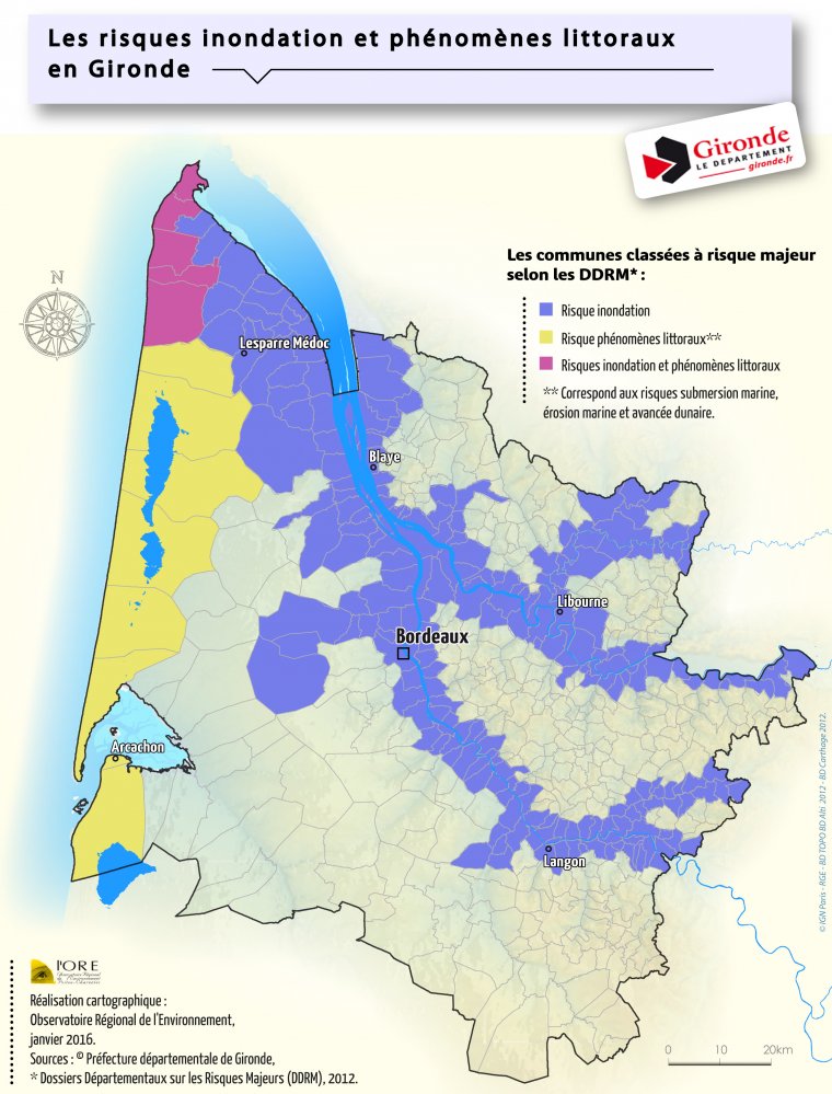 Carte des zones inondables et phénomènes littoraux en Gironde : Bordeaux, Arcachon, Libourne, Langon, Blaye – risques inondation et submersion marine selon le DDRM.