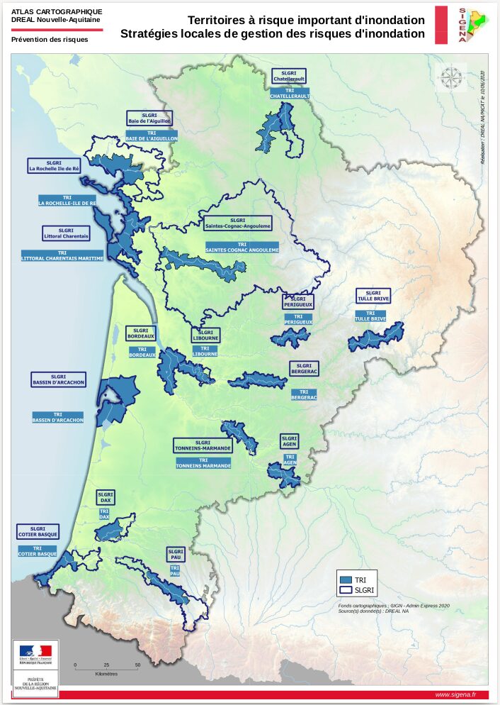 Carte des territoires à risque important d’inondation (TRI) et des stratégies locales de gestion des risques d’inondation (SLGRI) en Nouvelle-Aquitaine, réalisée par la DREAL.