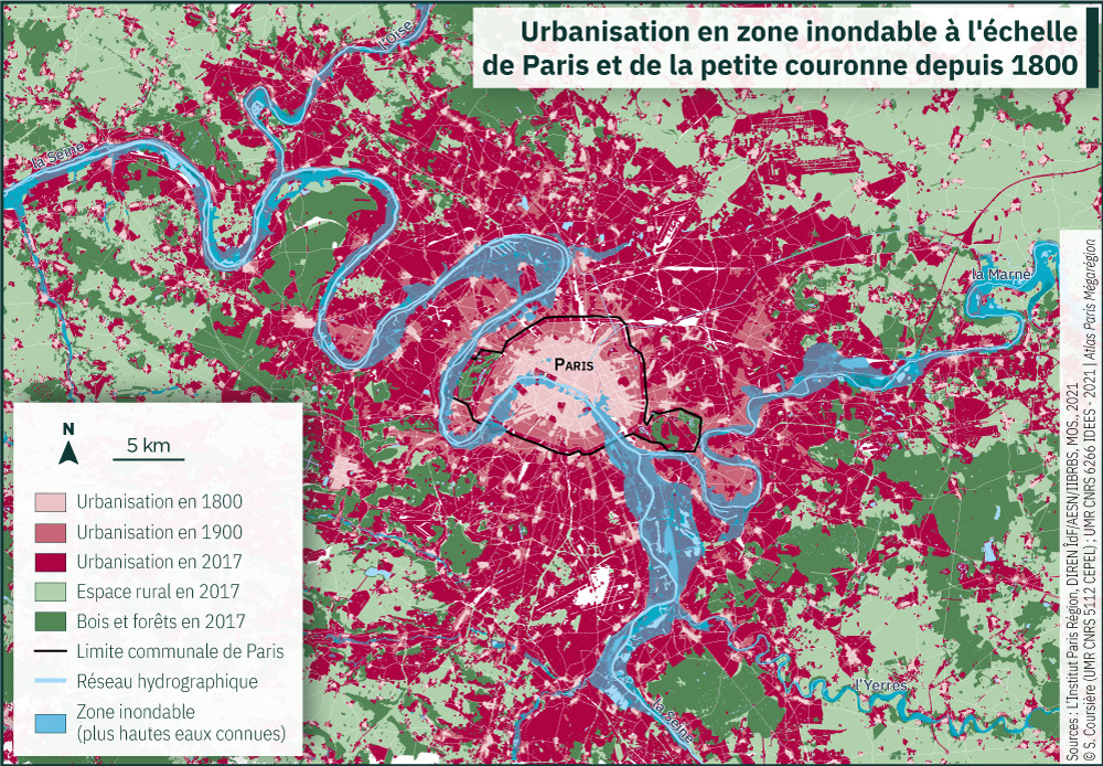 Carte de l’urbanisation en zone inondable à Paris et en Île-de-France entre 1800 et 2017