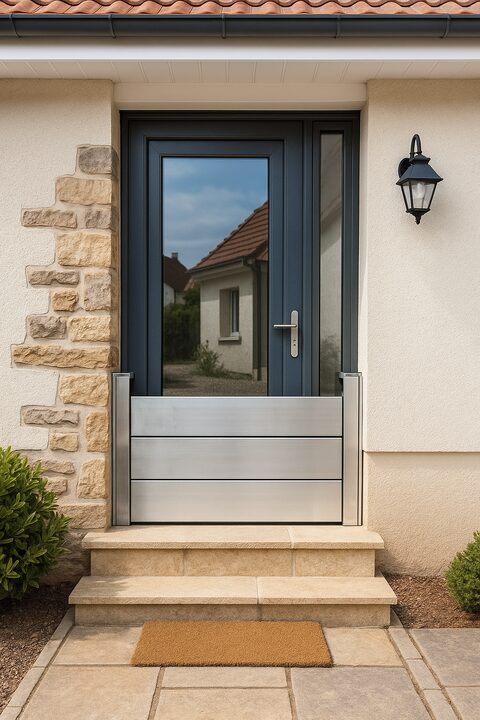Batardeau anti-inondation en aluminium installé sur une porte d’entrée de maison