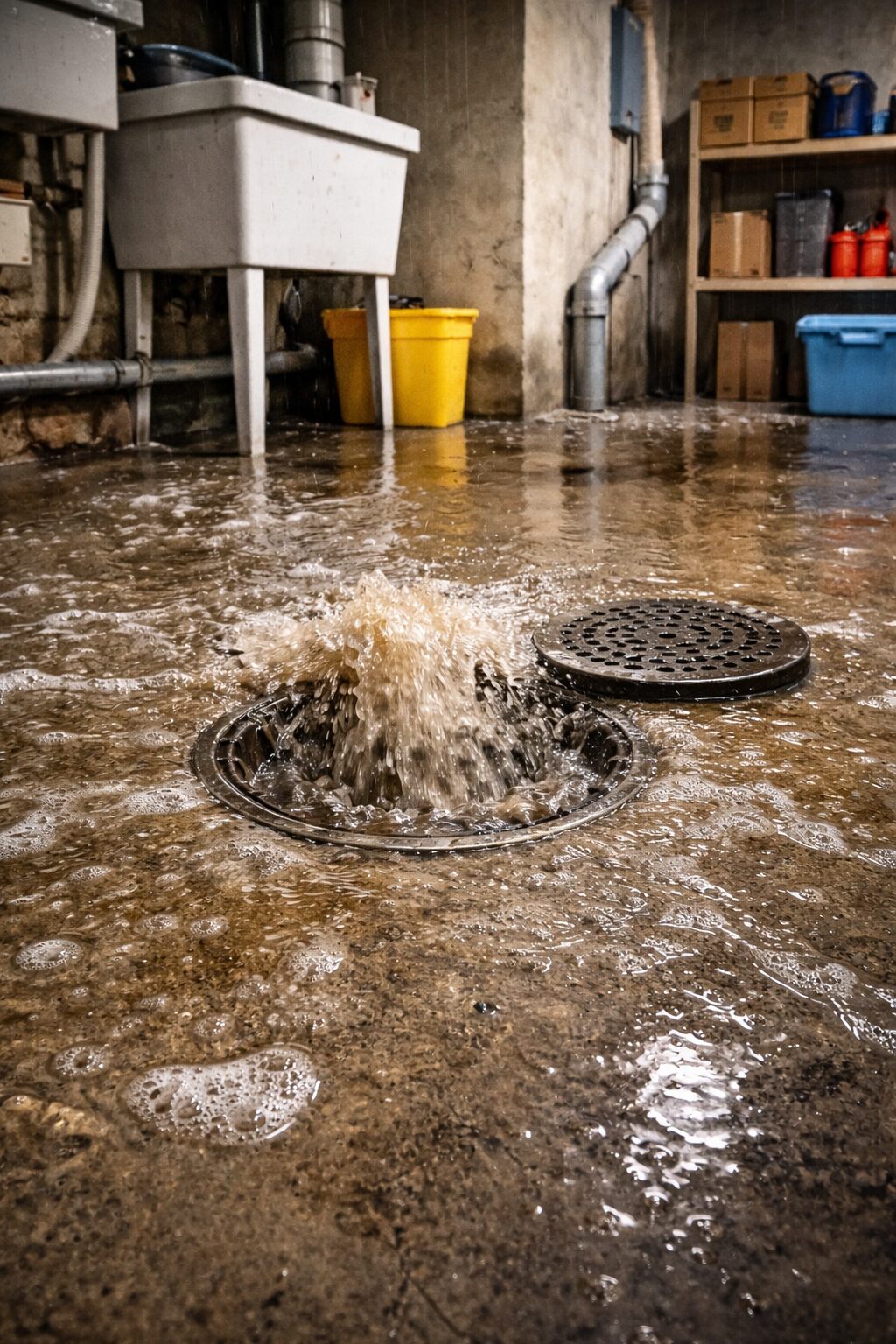 Remontée d'eau par les canalisations lors d'une inondation en sous-sol